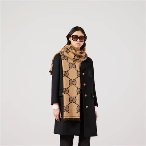 gucci scarf wrap|GG wool jacquard scarf in beige and brown .